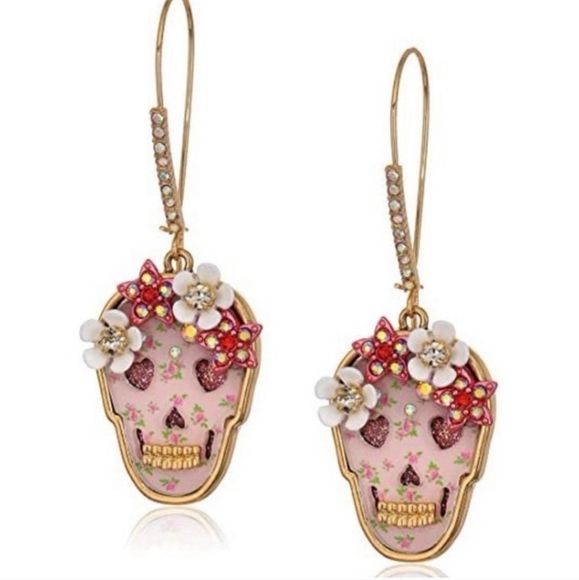 Betsey Johnson Skull Dangle Earrings, Pink - Picture 1 of 4